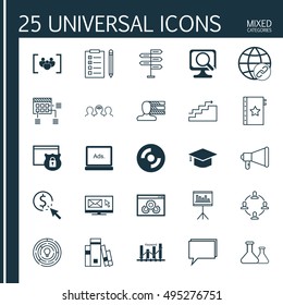 Set Of 25 Universal Icons On Warranty, Newsletter, Library And More Topics. Vector Icon Set Including Keyword Optimisation, Opportunity, Connectivity And Other Icons.