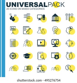 Set Of 25 Universal Icons On Present Badge, Decision Making, Laptop And More Topics. Vector Icon Set Including Security, Computer, SEO Brainstorm And Other Icons.