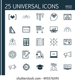 Set Of 25 Universal Icons On Keyword Marketing, Library, Website Performance And More Topics. Vector Icon Set Including Brain Process, Cooperation, Financial And Other Icons.