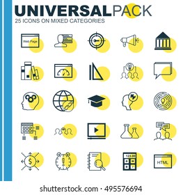 Set Of 25 Universal Icons On Measurement, Chemical, Video Player And More Topics. Vector Icon Set Including Education Center, Media Campaign, Graduation And Other Icons.