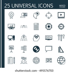 Set Of 25 Universal Icons On Market Research, Human Mind, Personal Skills And More Topics. Vector Icon Set Including Present Badge, Newsletter, Decision Making And Other Icons.