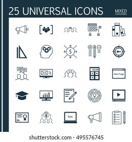 Set Of 25 Universal Icons On Market Research, Discussion, Paper And More Topics. Vector Icon Set Including Innovation, Library, Schedule And Other Icons.