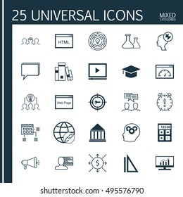 Set Of 25 Universal Icons On Video Player, Personal Skills, Coaching And More Topics. Vector Icon Set Including Market Research, Coding, Collaborative Solution And Other Icons.