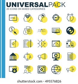 Set Of 25 Universal Icons On Blank Cd, Time Management, Human Mind And More Topics. Vector Icon Set Including Reminder, Library, Security And Other Icons.