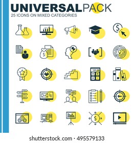 Set Of 25 Universal Icons On Media Campaign, Focus Group, Money And More Topics. Vector Icon Set Including Video Player, Report, PPC And Other Icons.