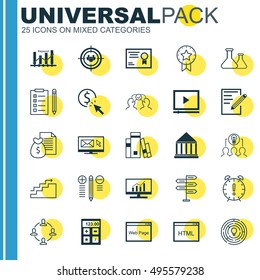 Set Of 25 Universal Icons On Focus Group, Innovation, Opportunity And More Topics. Vector Icon Set Including Decision Making, Newsletter, Reminder And Other Icons.