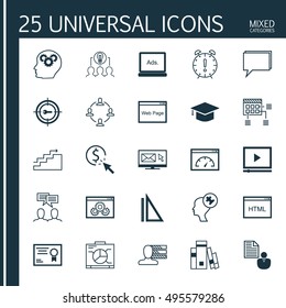 Set Of 25 Universal Icons On Digital Media, Brain Process, Conference And More Topics. Vector Icon Set Including Report, Library, Collaboration And Other Icons.