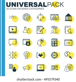 Set Of 25 Universal Icons On Computer, Digital Media, Financial And More Topics. Vector Icon Set Including Paper, Collaboration, Video Player And Other Icons.