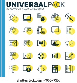 Set Of 25 Universal Icons On Keyword Optimisation, Personal Skills, Paper And More Topics. Vector Icon Set Including Market Research, Investment, Collaborative Solution And Other Icons.