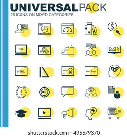 Set Of 25 Universal Icons On Brain Process, Newsletter, Library And More Topics. Vector Icon Set Including Conference, Certificate, Time Management And Other Icons.