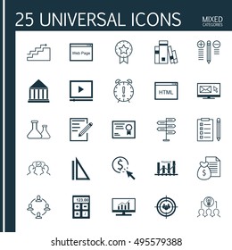 Set Of 25 Universal Icons On Collaboration, Library, Financial And More Topics. Vector Icon Set Including Opportunity, Focus Group, Present Badge And Other Icons.
