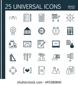 Set Of 25 Universal Icons On Collaboration, Report, Reminder And More Topics. Vector Icon Set Including Decision Making, Present Badge, Digital Media And Other Icons.