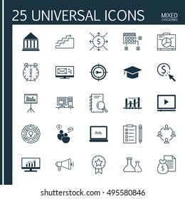 Set Of 25 Universal Icons On Presentation, Keyword Optimisation, SEO Brainstorm And More Topics. Vector Icon Set Including Analysis, Media Campaign, Present Badge And Other Icons.