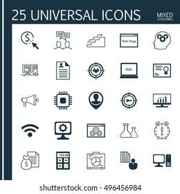 Set Of 25 Universal Icons On Keyword Marketing, PPC, Wireless And More Topics. Vector Icon Set Including Chip, PPC, Media Campaign And Other Icons.