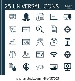 Set Of 25 Universal Icons On Market Research, Chemical, Financial And More Topics. Vector Icon Set Including Chemical, Media Campaign, Market Research And Other Icons.