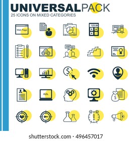 Set Of 25 Universal Icons On Computer, Time Management, Media Campaign And More Topics. Vector Icon Set Including Wireless, Market Research, Report And Other Icons.
