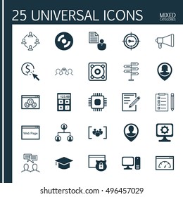 Set Of 25 Universal Icons On Chip, Graduation, Announcement And More Topics. Vector Icon Set Including Opportunity, Website Performance, Loading Speed And Other Icons.