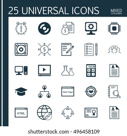Set Of 25 Universal Icons On Female Application, Time Management, Connectivity And More Topics. Vector Icon Set Including Time Management, Money, Certificate And Other Icons.