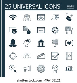 Set Of 25 Universal Icons On Security, Business Woman, Collaboration And More Topics. Vector Icon Set Including Opportunity, Cooperation, Innovation And Other Icons.