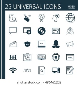 Set Of 25 Universal Icons On Conference, Connectivity, Computer And More Topics. Vector Icon Set Including Digital Media, Graduation, Collaborative Solution And Other Icons.