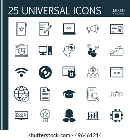 Set Of 25 Universal Icons On Curriculum Vitae, Graduation, Digital Media And More Topics. Vector Icon Set Including Connectivity, Newsletter, Chip And Other Icons.