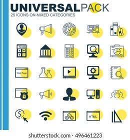 Set Of 25 Universal Icons On Measurement, Education Center, Video Player And More Topics. Vector Icon Set Including Website Performance, Library, Video Player And Other Icons.