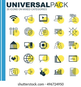 Set Of 25 Universal Icons On Connectivity, Discussion, Computer And More Topics. Vector Icon Set Including Computer, Conference, Video Player And Other Icons.