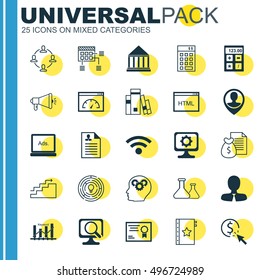 Set Of 25 Universal Icons On PPC, Employee Location, Curriculum Vitae And More Topics. Vector Icon Set Including Schedule, Library, Investment And Other Icons.