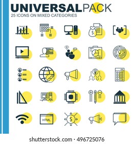Set Of 25 Universal Icons On Computer, Innovation, Computer And More Topics. Vector Icon Set Including Media Campaign, Keyword Optimisation, Computer And Other Icons.