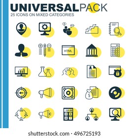 Set Of 25 Universal Icons On Music, Chemical, Laptop And More Topics. Vector Icon Set Including Music, Investment, Cooperation And Other Icons.
