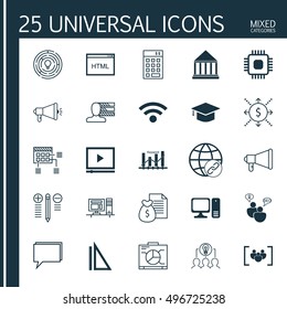 Set Of 25 Universal Icons On Coding, Keyword Optimisation, Report And More Topics. Vector Icon Set Including Computer, Money, Video Player And Other Icons.