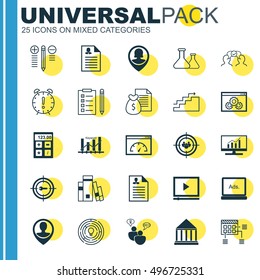 Set Of 25 Universal Icons On Market Research, Innovation, Keyword Marketing And More Topics. Vector Icon Set Including Loading Speed, Focus Group, Employee Location And Other Icons.