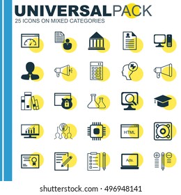 Set Of 25 Universal Icons On Music, Library, Digital Media And More Topics. Vector Icon Set Including Security, Loading Speed, Chip And Other Icons.