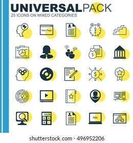Set Of 25 Universal Icons On Video Player, Education Center, Business Woman And More Topics. Vector Icon Set Including Website Performance, Blank Cd, Time Management And Other Icons.