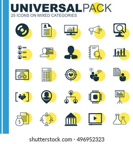 Set Of 25 Universal Icons On Chemical, Market Research, SEO Brainstorm And More Topics. Vector Icon Set Including Female Application, Blank Cd, Education Center And Other Icons.