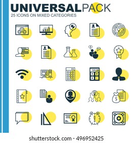 Set Of 25 Universal Icons On Present Badge, Warranty, Conference And More Topics. Vector Icon Set Including Investment, Pin Employee, Female Application And Other Icons.