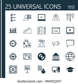 Set Of 25 Universal Icons On Report, Digital Media, Keyword Optimisation And More Topics. Vector Icon Set Including Focus Group, Music, Computer And Other Icons.