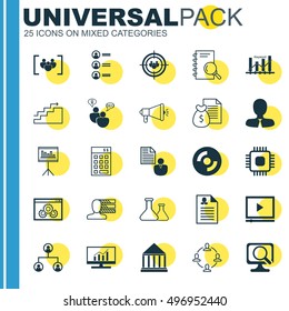 Set Of 25 Universal Icons On Education Center, Laptop, Growth And More Topics. Vector Icon Set Including Presentation, Personal Skills, Report And Other Icons.