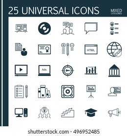 Set Of 25 Universal Icons On Presentation, Report, Blank Cd And More Topics. Vector Icon Set Including Job Applicants, Coding, Digital Media And Other Icons.