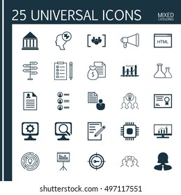 Set Of 25 Universal Icons On Certificate, Chip, Collaborative Solution And More Topics. Vector Icon Set Including Announcement, Paper, Keyword Optimisation And Other Icons.