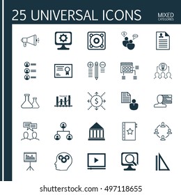 Set Of 25 Universal Icons On Report, Music, Collaborative Solution And More Topics. Vector Icon Set Including Collaborative Solution, Decision Making, Measurement And Other Icons.