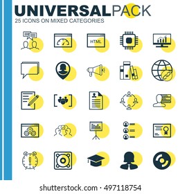 Set Of 25 Universal Icons On Business Woman, Collaboration, Curriculum Vitae And More Topics. Vector Icon Set Including Paper, Discussion, Presentation And Other Icons.