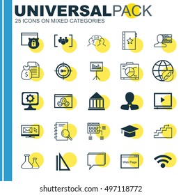 Set Of 25 Universal Icons On Growth, Cooperation, Presentation And More Topics. Vector Icon Set Including Video Player, Measurement, Warranty And Other Icons.