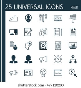 Set Of 25 Universal Icons On Business Woman, Investment, Growth And More Topics. Vector Icon Set Including Music, Investment, Present Badge And Other Icons.
