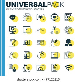 Set Of 25 Universal Icons On Keyword Optimisation, Music, Coaching And More Topics. Vector Icon Set Including Questionnaire, Paper, Music And Other Icons.