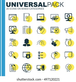 Set Of 25 Universal Icons On PPC, Discussion, Personal Skills And More Topics. Vector Icon Set Including Cooperation, Digital Media, SEO Brainstorm And Other Icons.