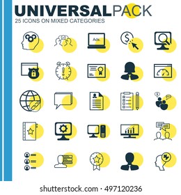 Set Of 25 Universal Icons On SEO Brainstorm, Manager, Security And More Topics. Vector Icon Set Including Cooperation, Female Application, Warranty And Other Icons.