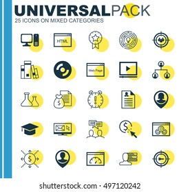 Set Of 25 Universal Icons On Graduation, Computer, Money And More Topics. Vector Icon Set Including Blank Cd, Employee Location, Loading Speed And Other Icons.