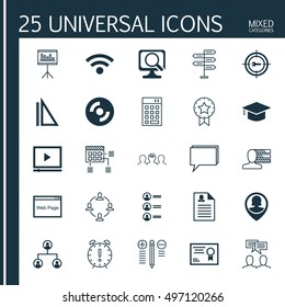 Set Of 25 Universal Icons On Pin Employee, Website, Video Player And More Topics. Vector Icon Set Including Presentation, Investment, Female Application And Other Icons.