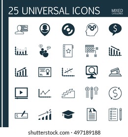 Set Of 25 Universal Icons On Credit Card, Curriculum Vitae, Blank Cd And More Topics. Vector Icon Set Including Personal Skills, Graduation, Blank Cd And Other Icons.